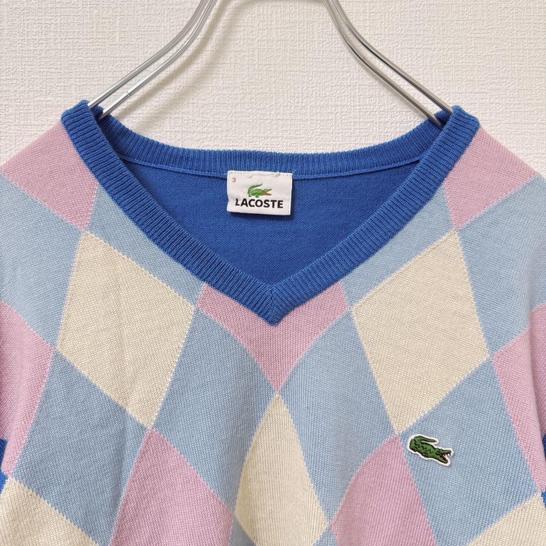 ラコステ Vネックニット セーター アーガイル柄 ブルー ピンク ウールマーク — image 3