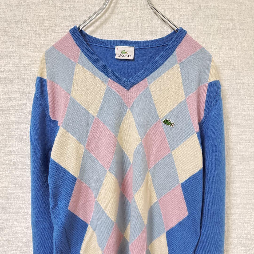 ラコステ Vネックニット セーター アーガイル柄 ブルー ピンク ウールマーク — image 5