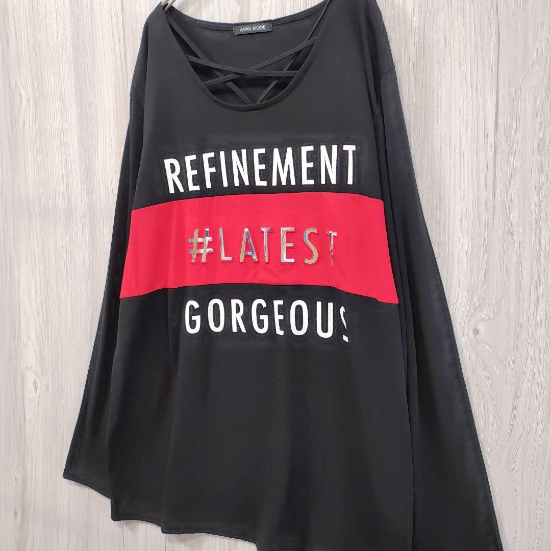 大きいサイズ【4L】胸元 クロス紐 長袖 カットソー ロンT ロゴ Tシャツ — image 5