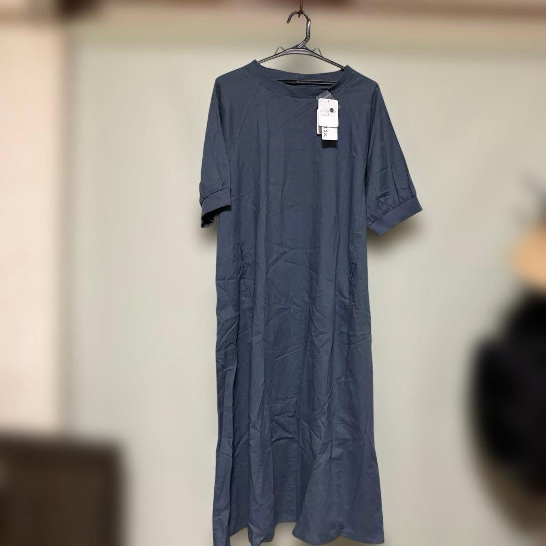 新品くすみブルー半袖ロングワンピース — image 2