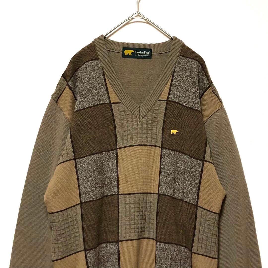 1943 ゴールデンベア Vネック ニット セーター 総柄 チェック 古着 M — image 2