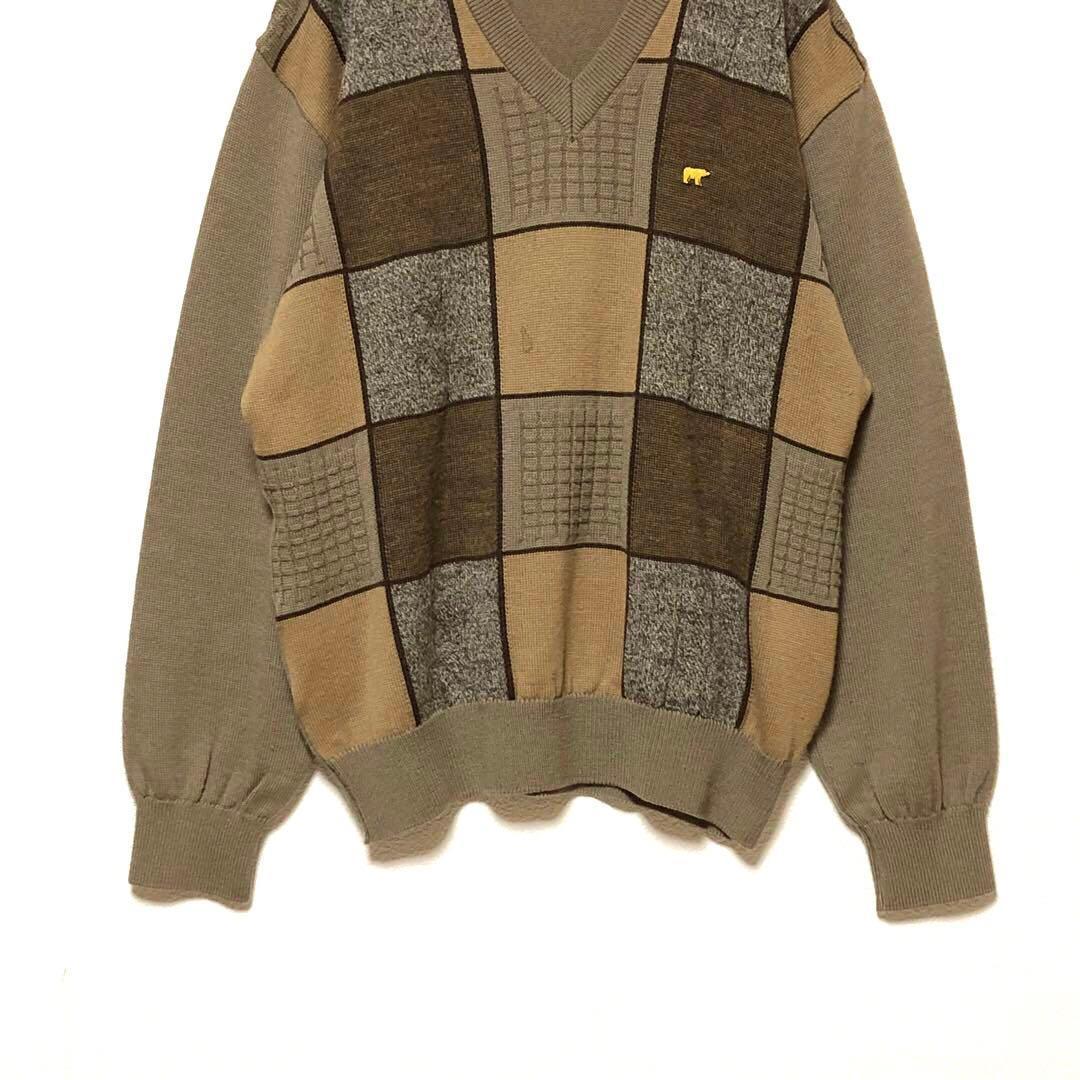 1943 ゴールデンベア Vネック ニット セーター 総柄 チェック 古着 M — image 3
