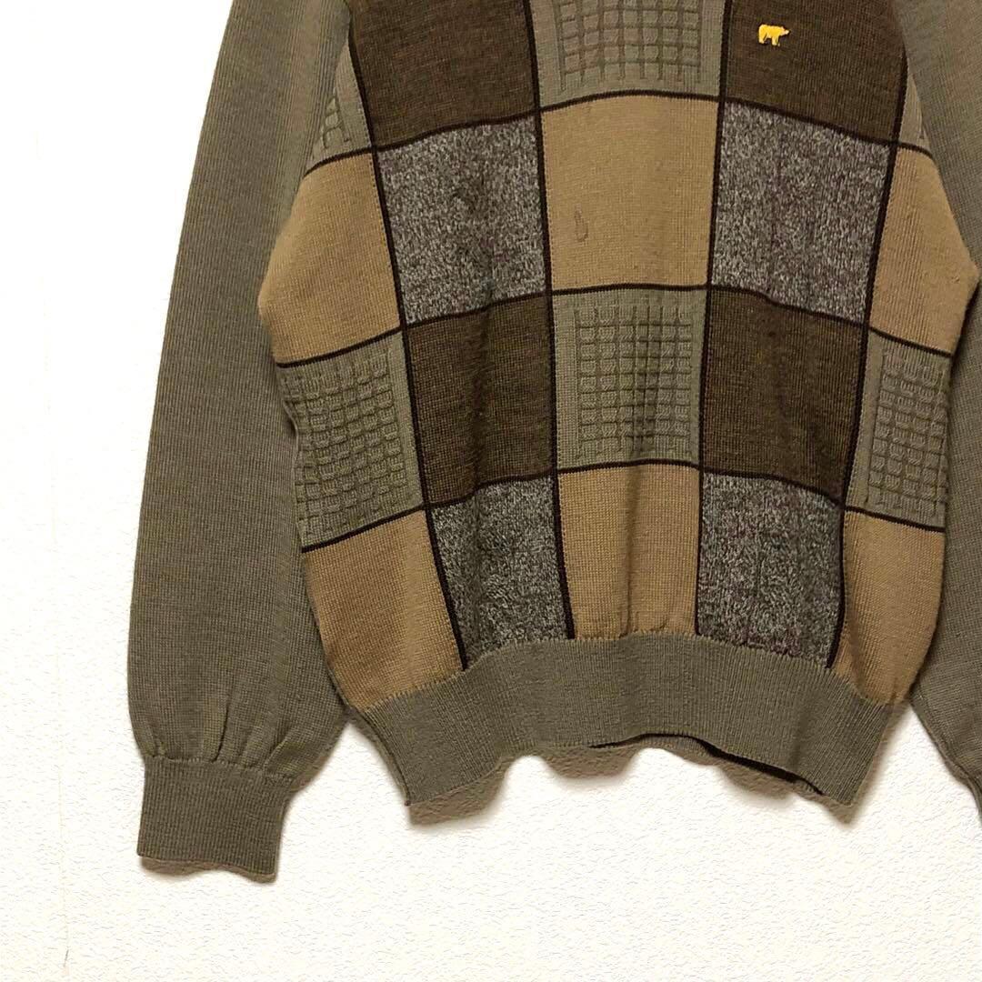 1943 ゴールデンベア Vネック ニット セーター 総柄 チェック 古着 M — image 4