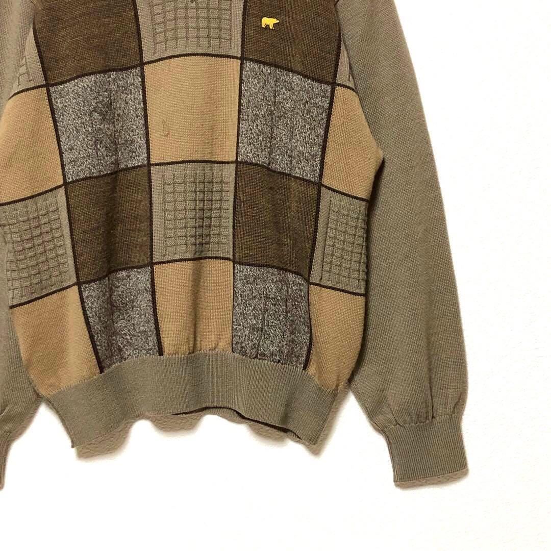 1943 ゴールデンベア Vネック ニット セーター 総柄 チェック 古着 M — image 5