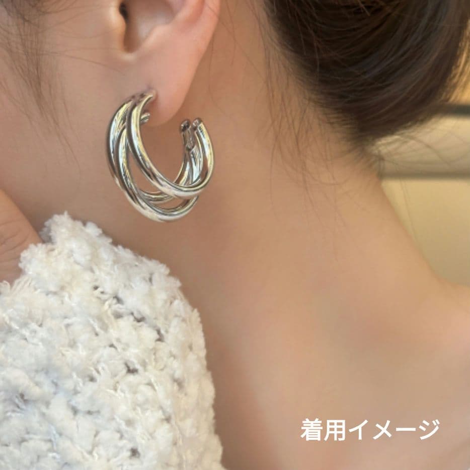 3連フープ イヤリング シルバー C型 クリップ式 大ぶり 上品 — image 2