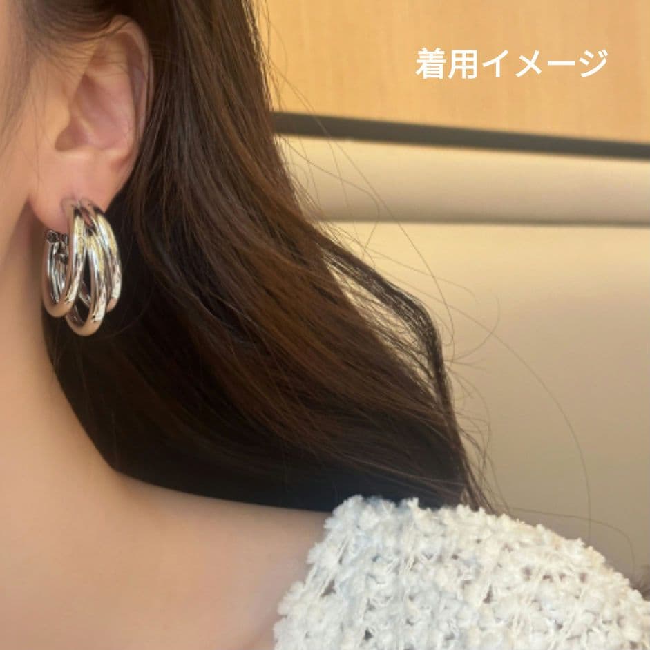3連フープ イヤリング シルバー C型 クリップ式 大ぶり 上品 — image 3