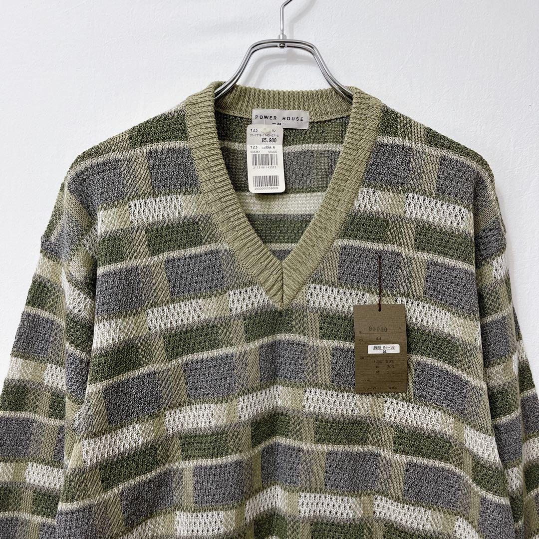 【パワーハウス】新品タグ付き Vネックニット Mサイズ グレー/オリーブ 綿麻 — image 2