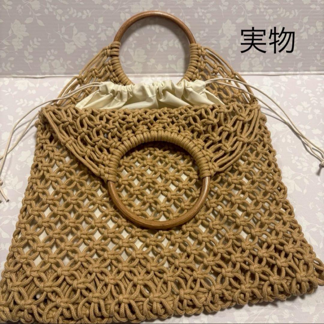 リゾートやカフェ巡りに 手編み風バッグ メッシュ　巾着　茶色　ブラウン — image 3