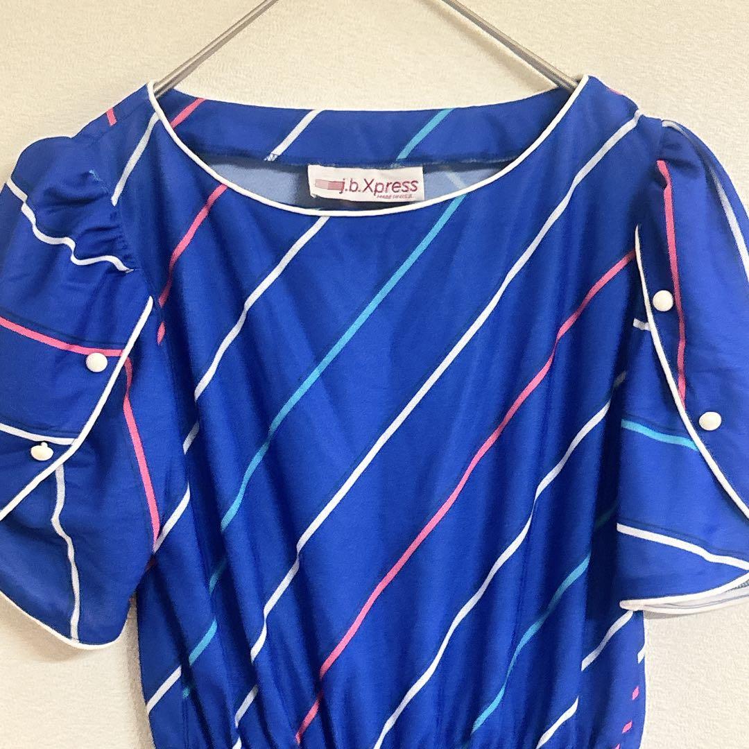 美品 j.b.Xpress 【M】 ストライプ ワンピース ブルー ウエストゴム — image 4