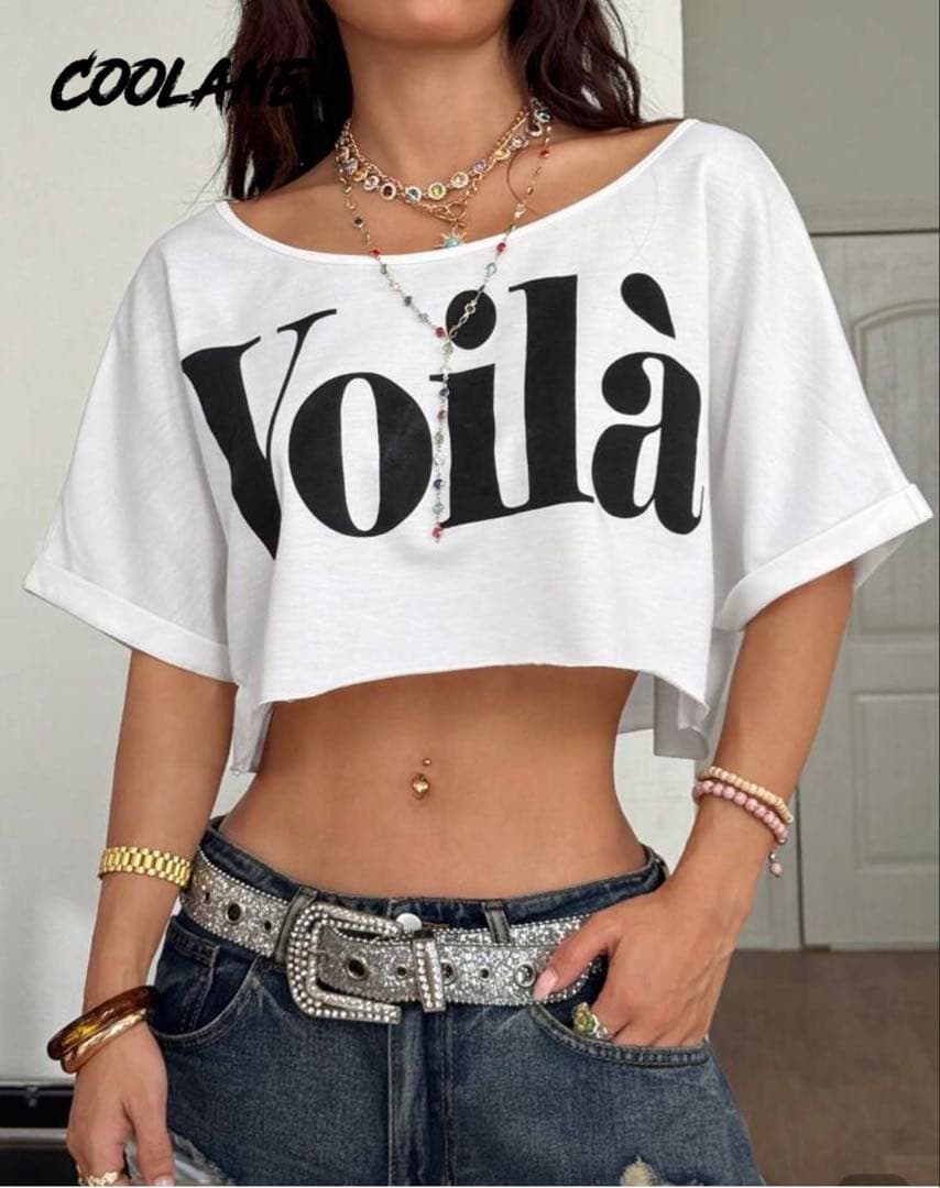 shein COOLANE Voila ロゴ クロップド Tシャツ ホワイト — image 2