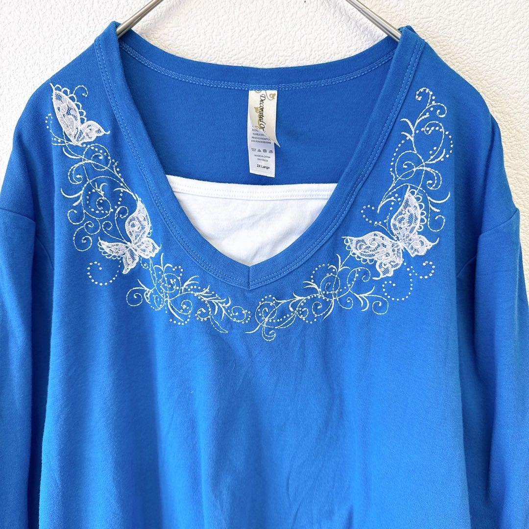 デコレイテッドオリジナルス 蝶刺繍 ロングTシャツ Ｖネック 長袖 2XL 青 — image 2