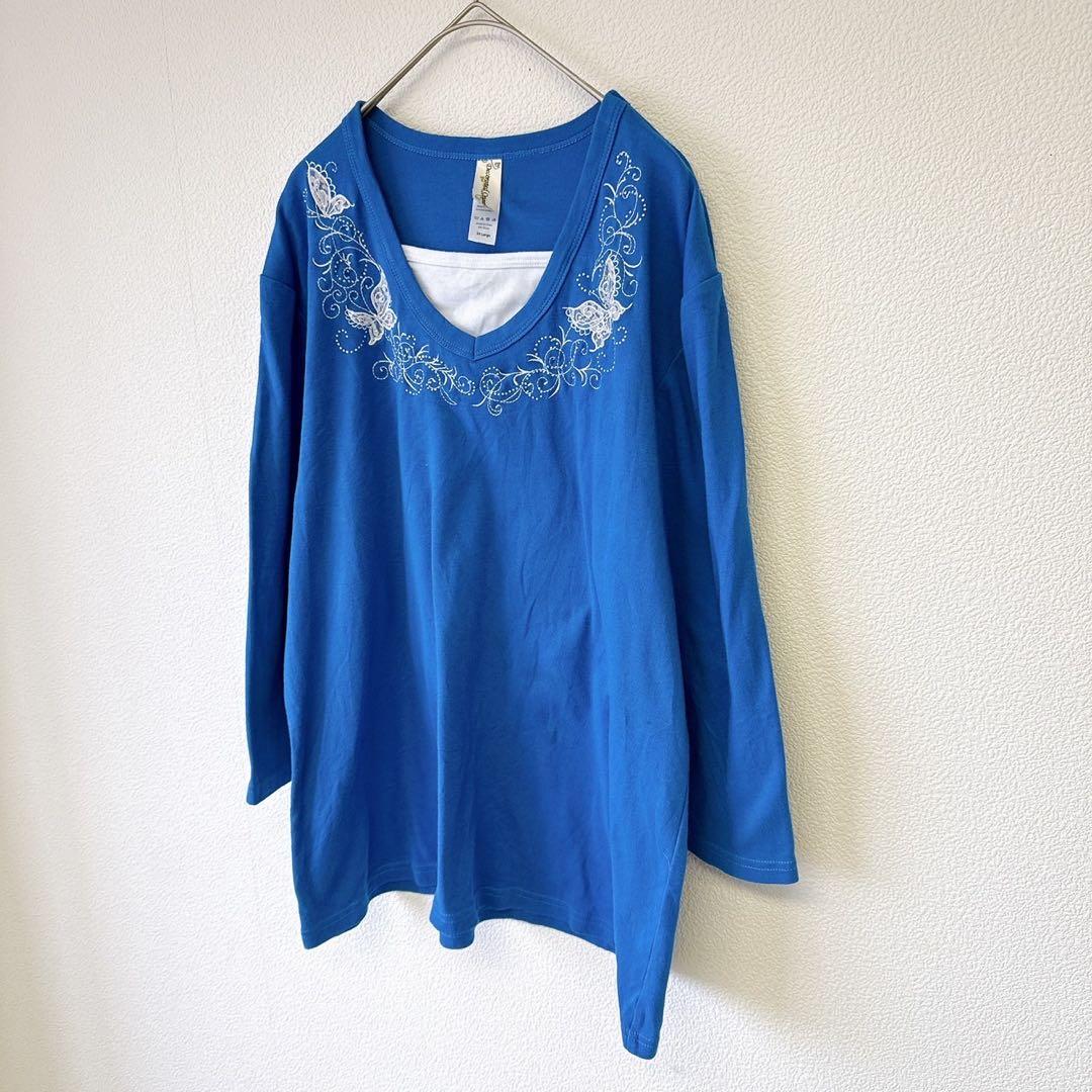 デコレイテッドオリジナルス 蝶刺繍 ロングTシャツ Ｖネック 長袖 2XL 青 — image 4