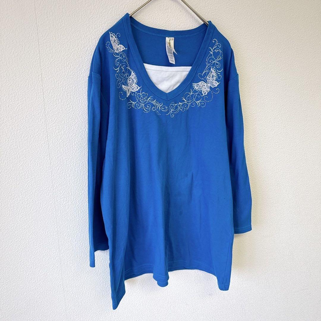 デコレイテッドオリジナルス 蝶刺繍 ロングTシャツ Ｖネック 長袖 2XL 青 — image 5