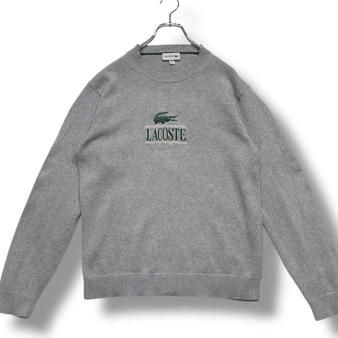 美品 LACOSTE ラコステ デカロゴ コットンニット セーター グレー M — image 2