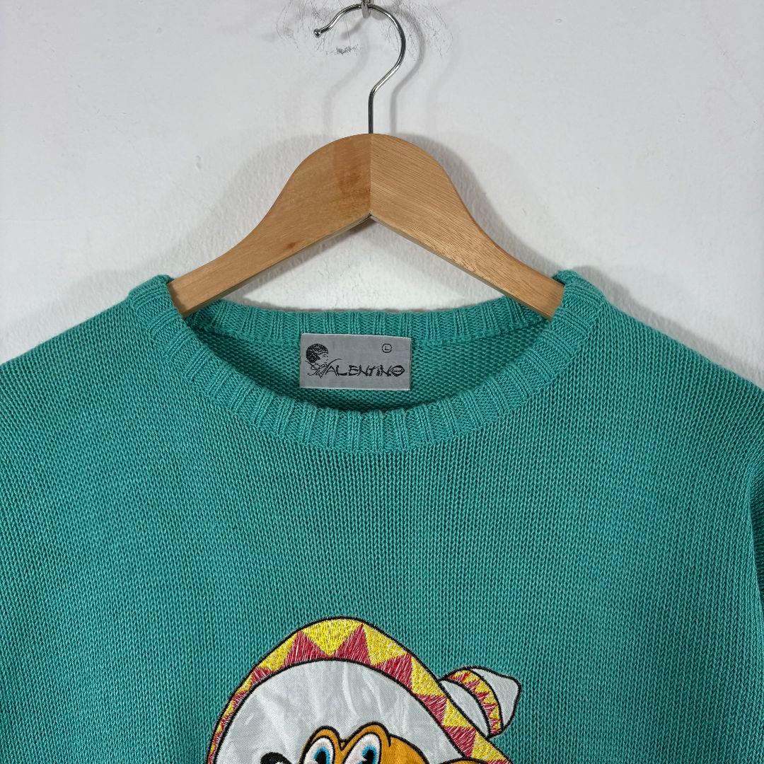 VALENTINO ニット セーター ターコイズブルー キャラクター刺繍 古着 — image 5
