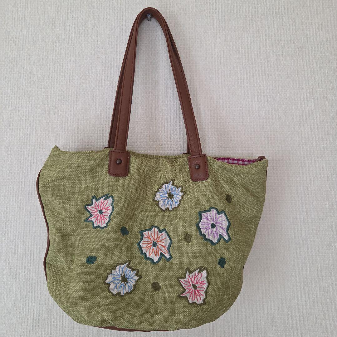 Jocomomola (ホコモモラ) トートバッグ フラワー刺繍 グリーン — image 3