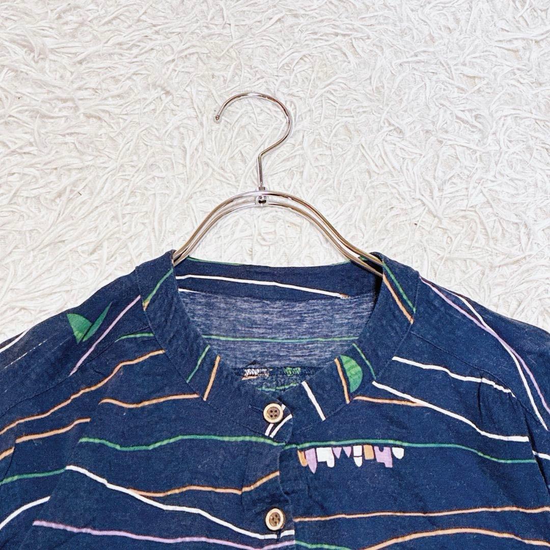 【Reknit】総柄 ボーダー バンドカラー チュニック シャツ ネイビー 綿 — image 2