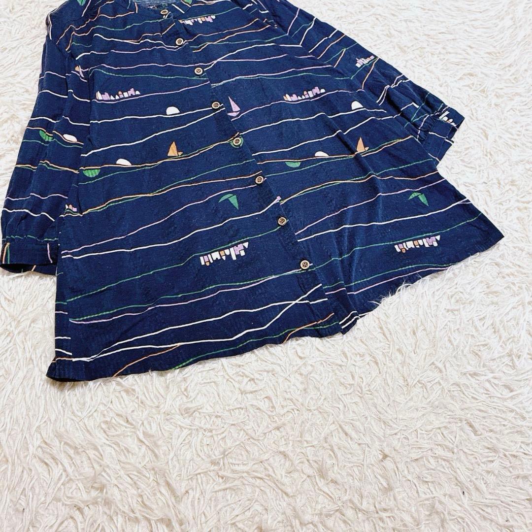 【Reknit】総柄 ボーダー バンドカラー チュニック シャツ ネイビー 綿 — image 3