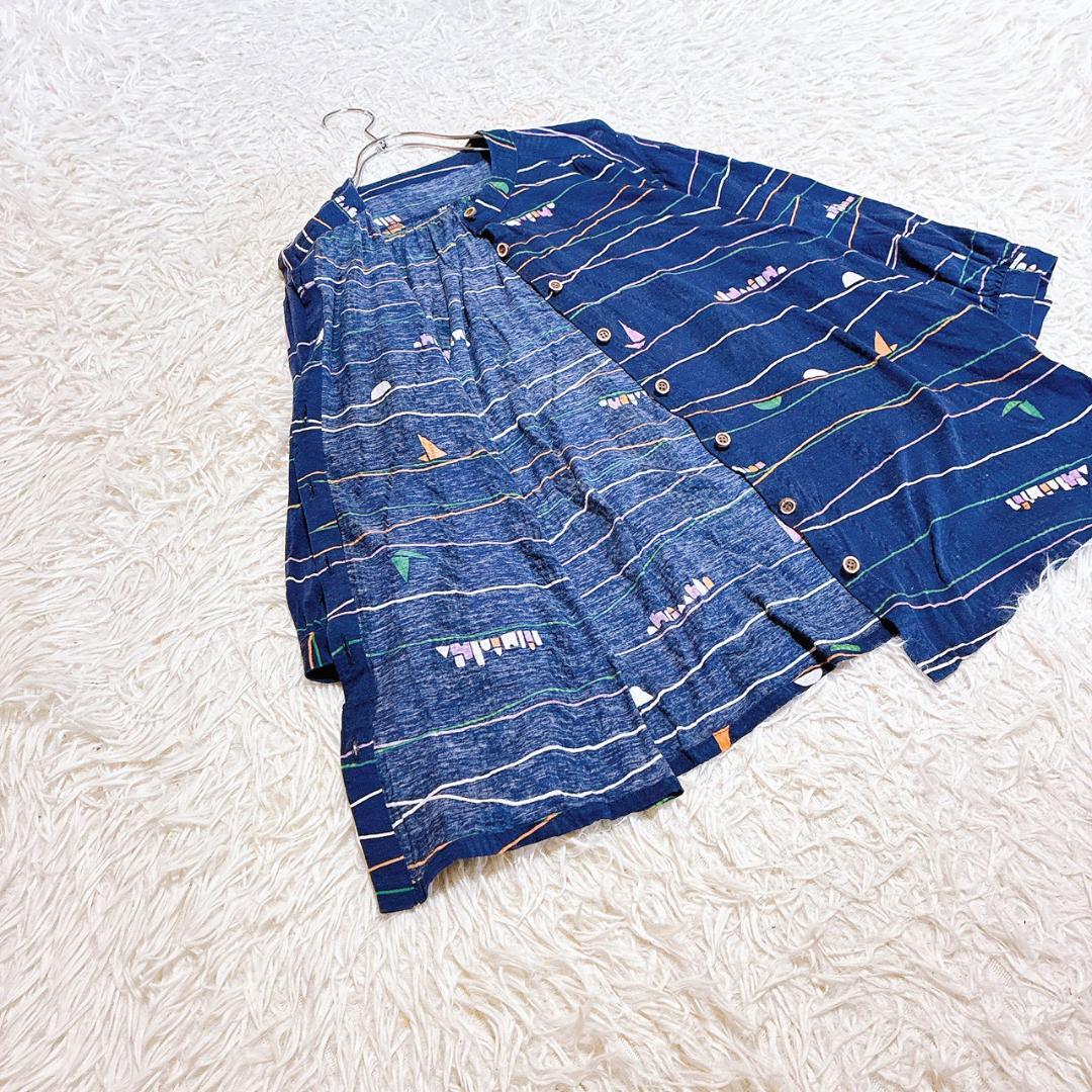 【Reknit】総柄 ボーダー バンドカラー チュニック シャツ ネイビー 綿 — image 4