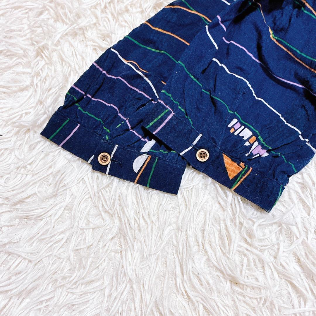 【Reknit】総柄 ボーダー バンドカラー チュニック シャツ ネイビー 綿 — image 5