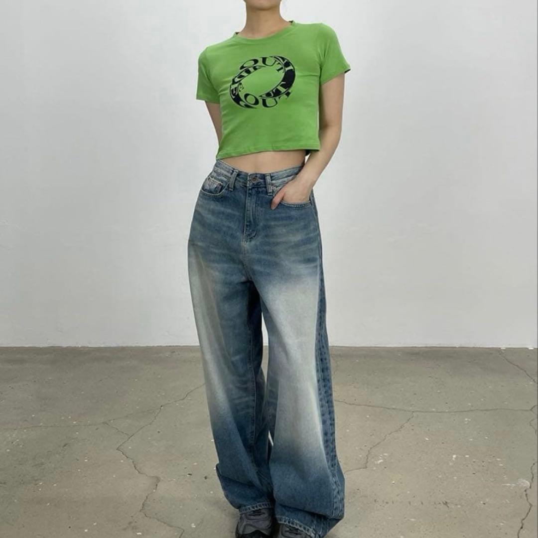 SONAソニョナラ アウトサイドレタリングクロップ半袖tシャツ　グリーン　緑 — image 5