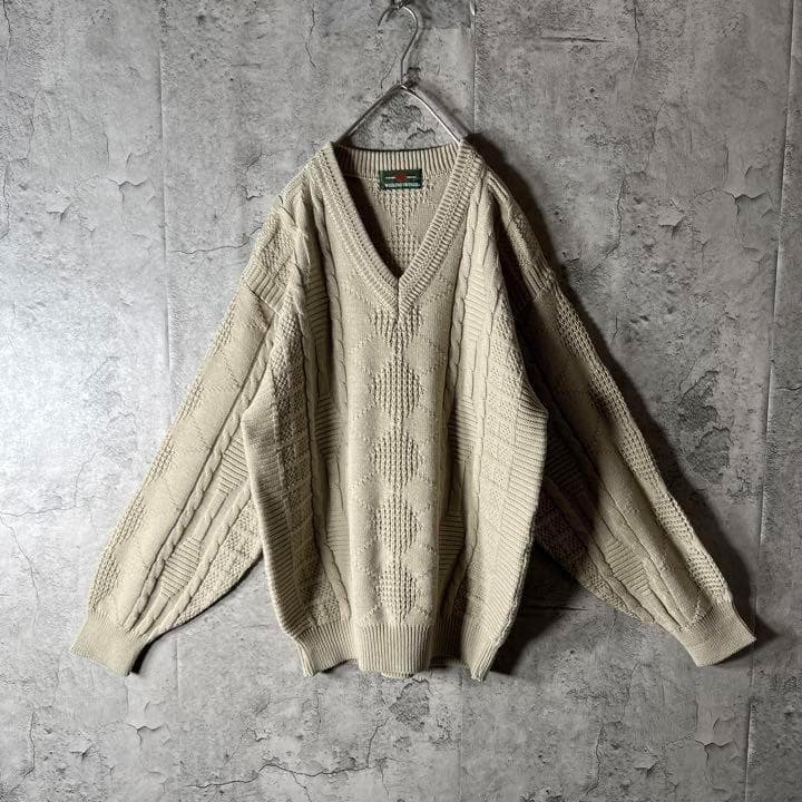 肉厚ニット セーター Vネック 立体編み 太アーム ゆるダボ 生成り M〜L — image 3