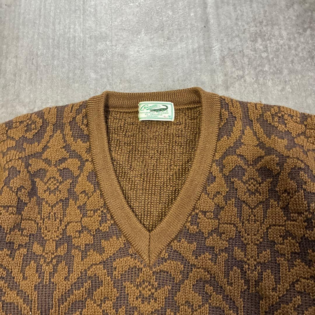 Crocodile 総柄ニット Vネック ウール 日本製 ブラウン y2k — image 2