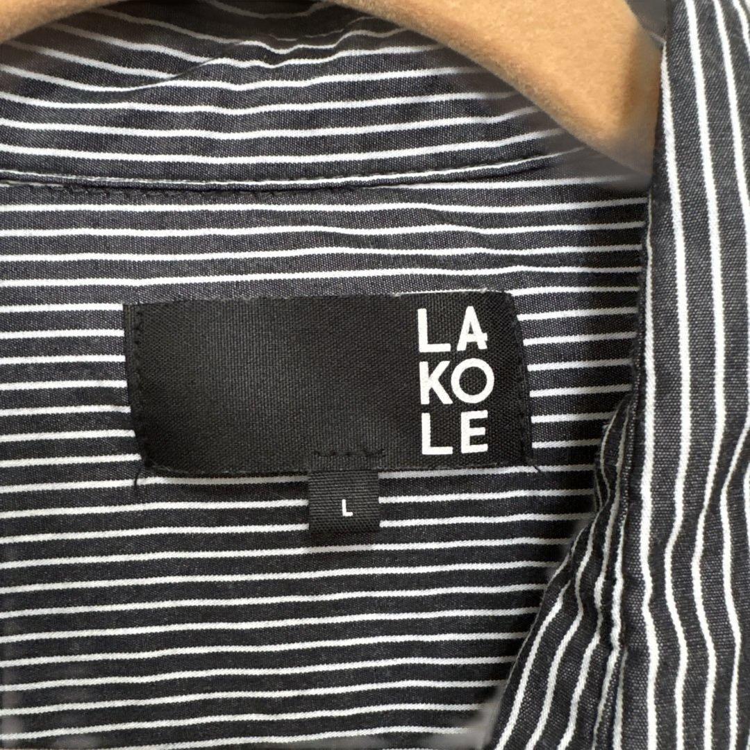 【未使用級】LAKOLE 半袖シャツ Lサイズ ストライプ 刺繍ロゴ ブラック — image 5