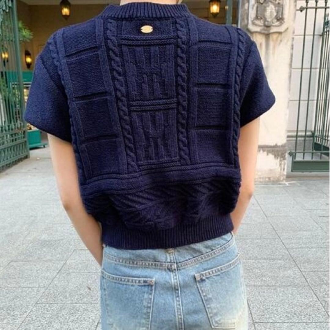 ネイビー 半袖ニットトップス — image 3