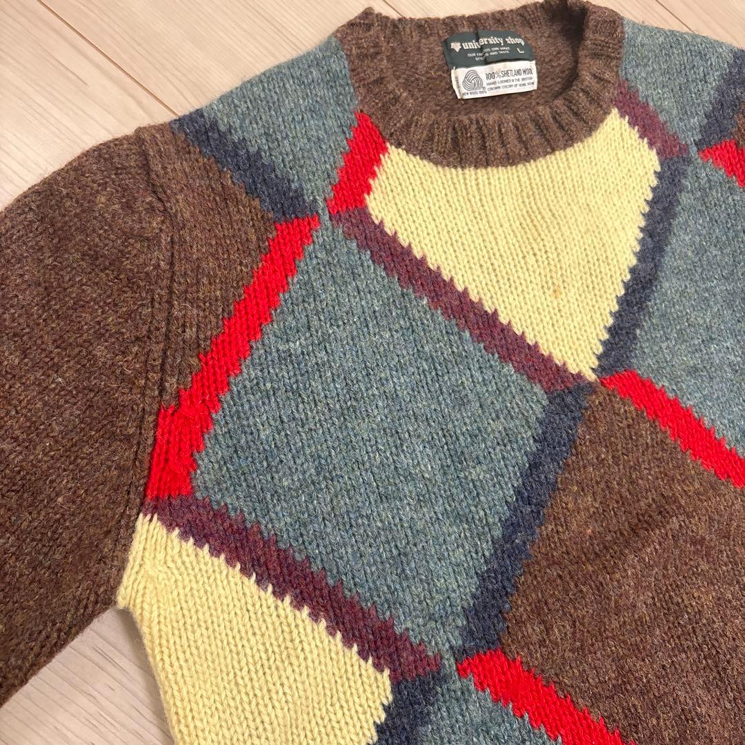 香港製 70s アーガイル柄 総柄　ウールニット セーター レトロ古着 茶 緑 — image 3