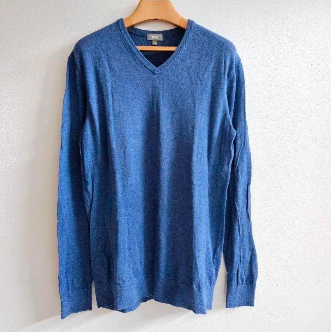 美品✨UNIQLO コットンカシミヤVネックニット メンズS 青 薄手 人気 — image 2