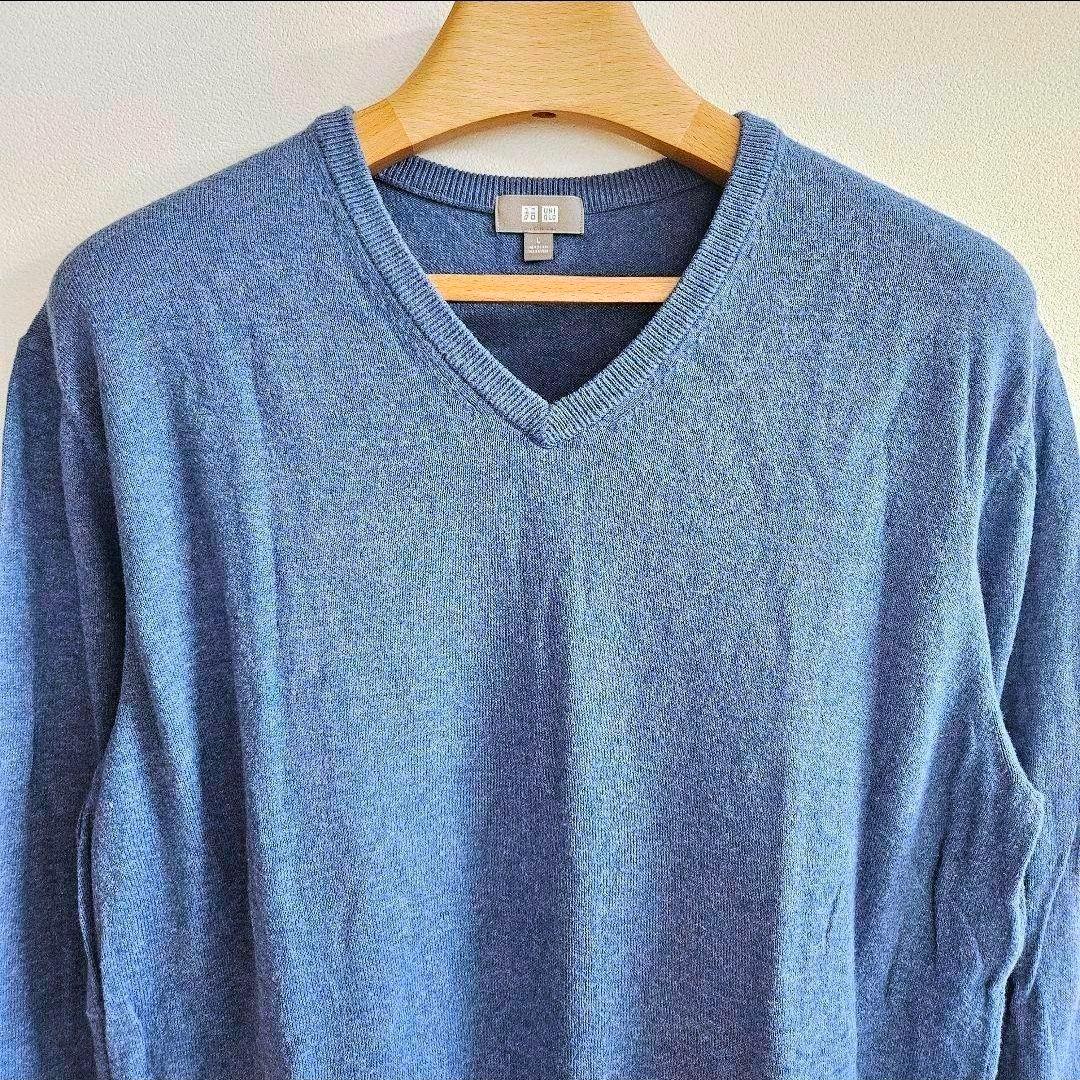 美品✨UNIQLO コットンカシミヤVネックニット メンズS 青 薄手 人気 — image 3