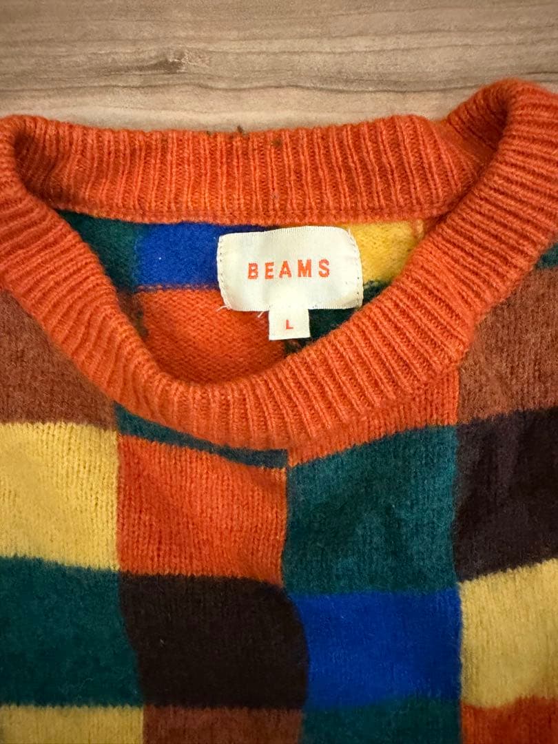BEAMS マルチカラー チェック柄 クルーネックニット Lサイズ — image 2