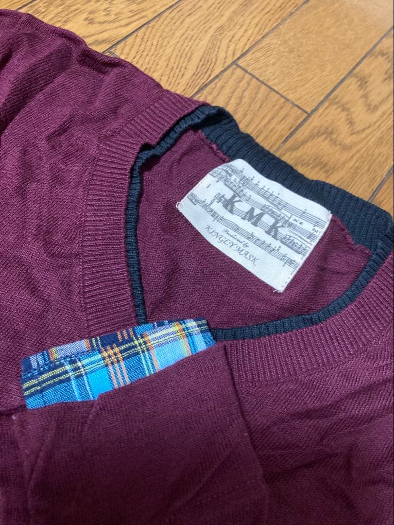 KMK 重ね着風 Vネックニット レイヤードデザイン ワインレッド — image 2