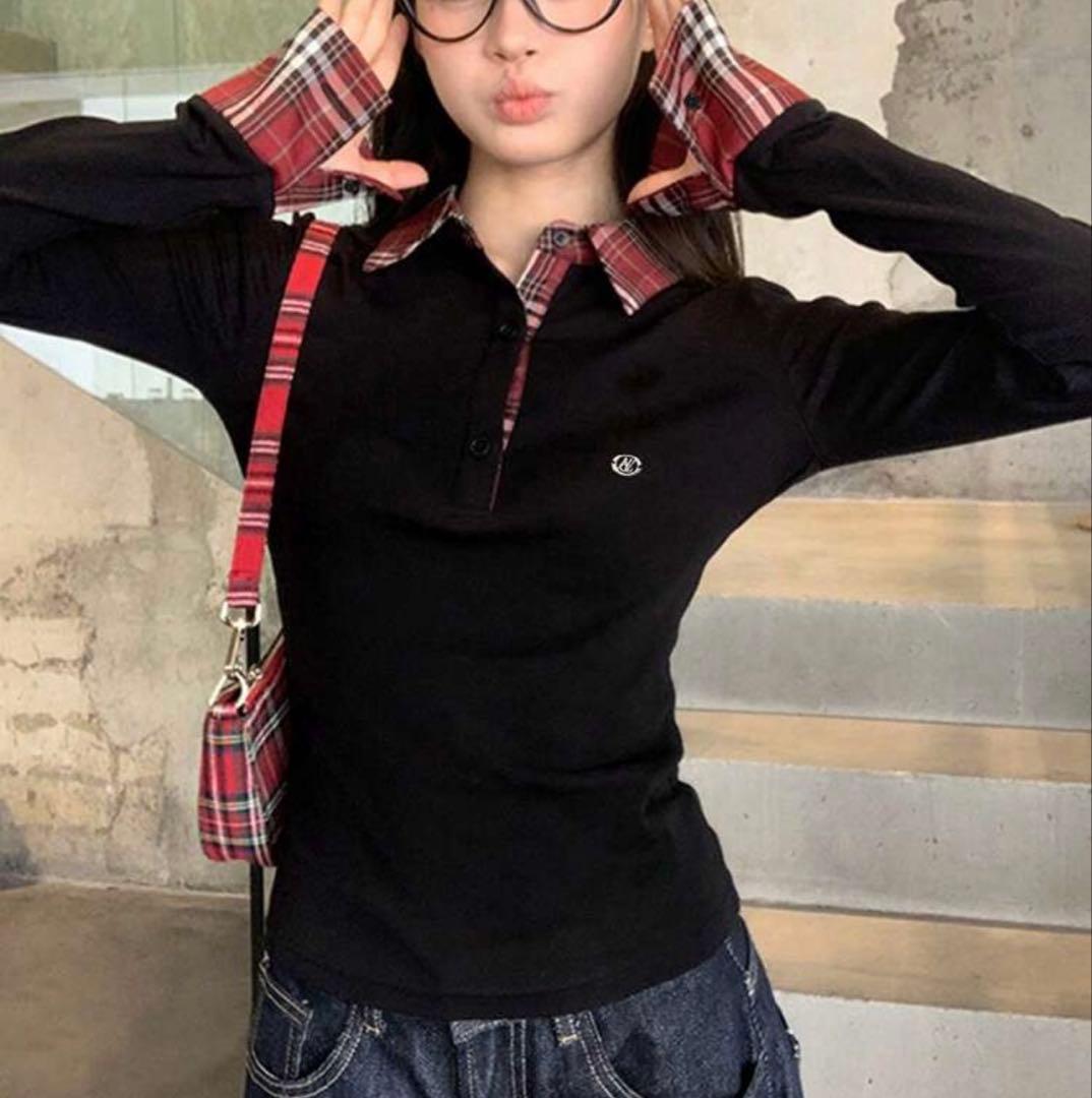 SHEIN 赤　レッド　チェック　ポロ袖　襟　長袖 — image 2