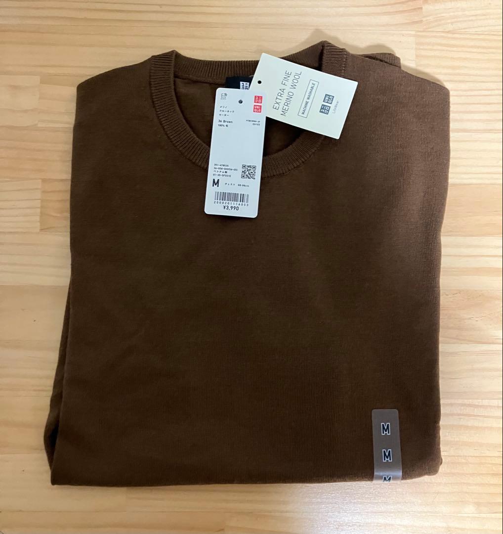 新品　ユニクロ　メリノクルーネックセーター　Mサイズ　36ブラウン — image 2