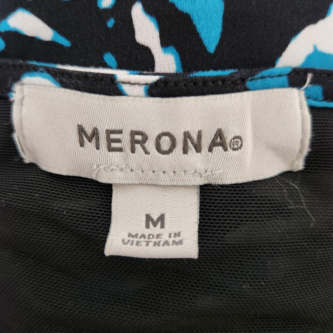 MERONA【M】Vネック Tシャツ 青/黒 フレアスリーブ エレガント — image 2