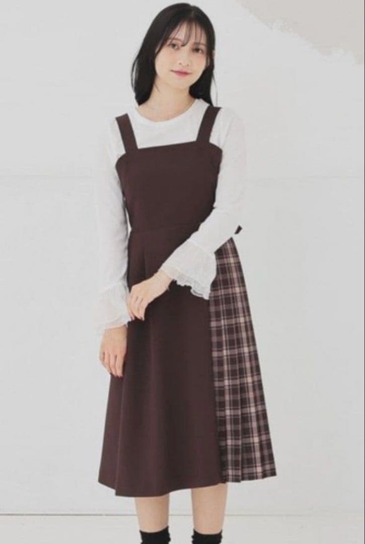 【コルザ】プリーツ切替ジャンスカ　茶色　チェック柄　膝丈ワンピース　ハニーズ — image 2