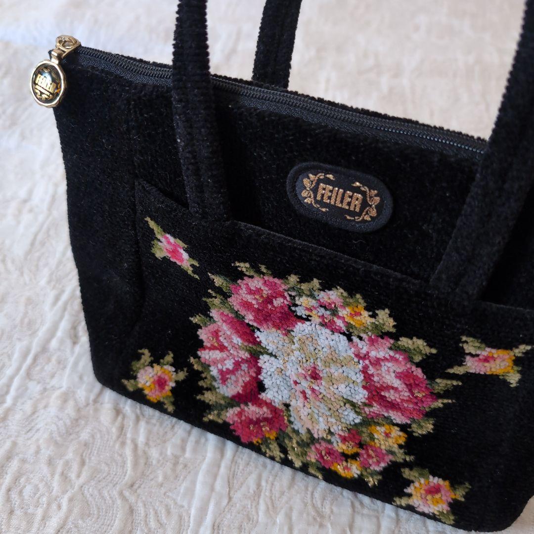 FEILER シュニール織 ミニハンドバッグ 花柄 ブラック — image 2