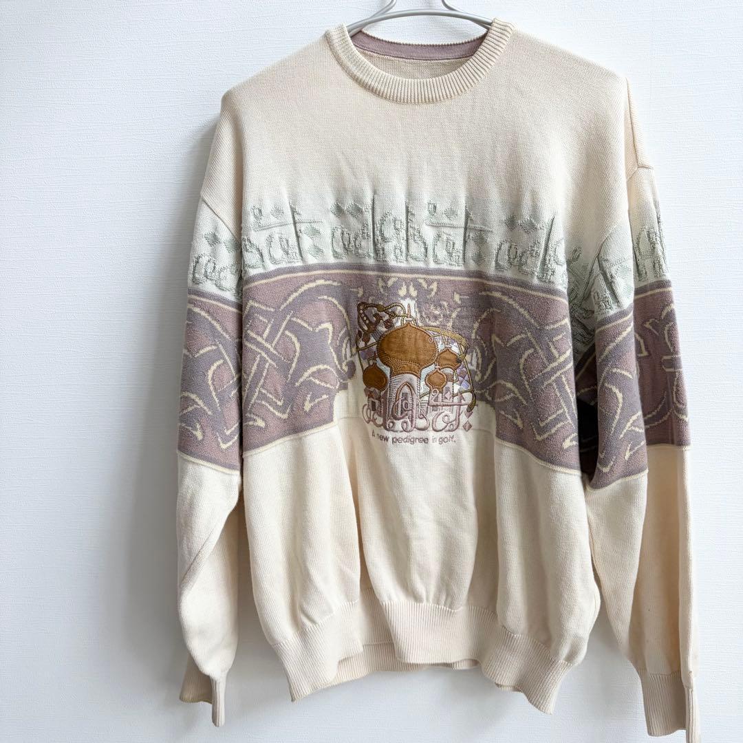ワールド 3Dニット セーター 刺繍 レトロ コットン100% 日本製 L相当 — image 2