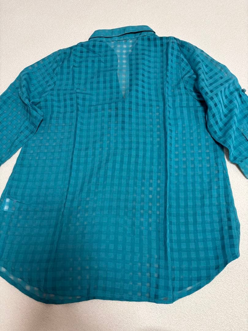 ON LOVE OFF ターコイズチェック柄 7分袖 ブラウス ブルー L — image 2