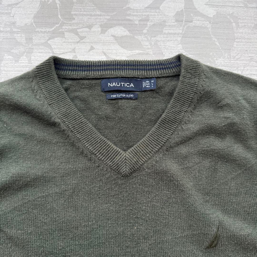 【NAUTICA】ピマコットン混 Vネック ニット セーター オリーブ Mサイズ — image 4
