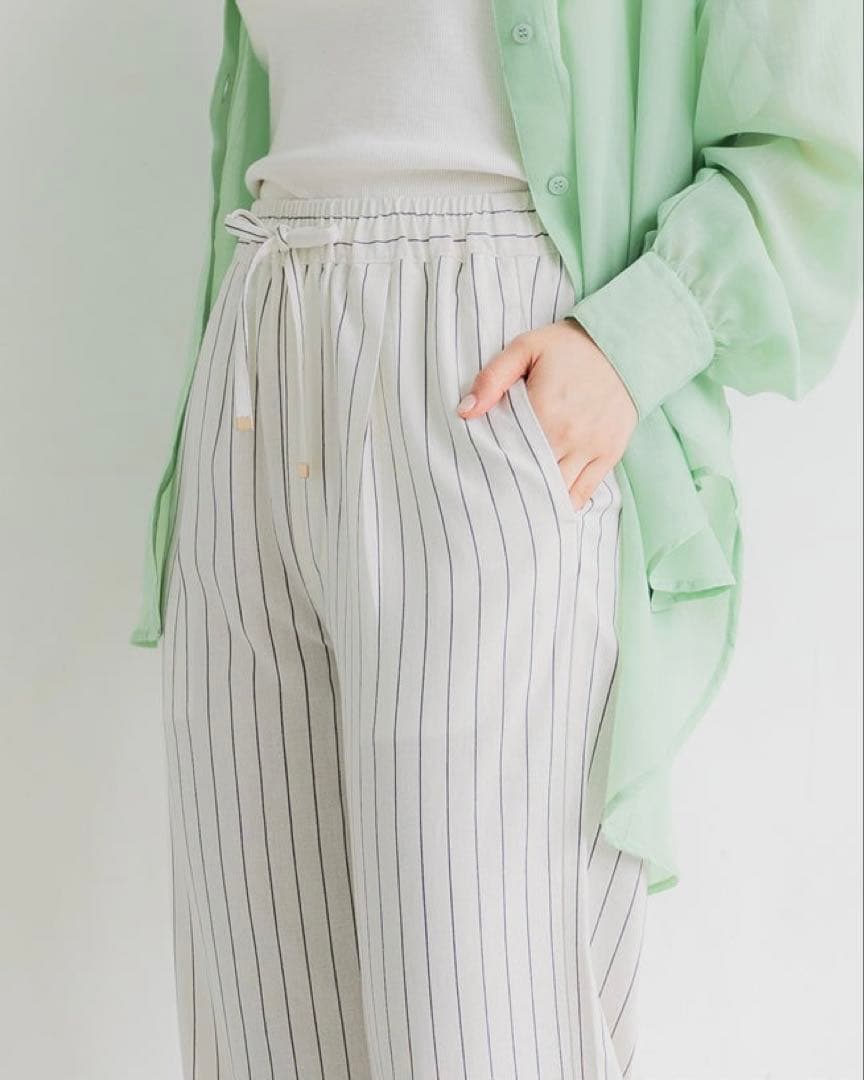 新品未開封 coca 麻ブレンド リネンストライプイージーパンツ ホワイト L — image 3