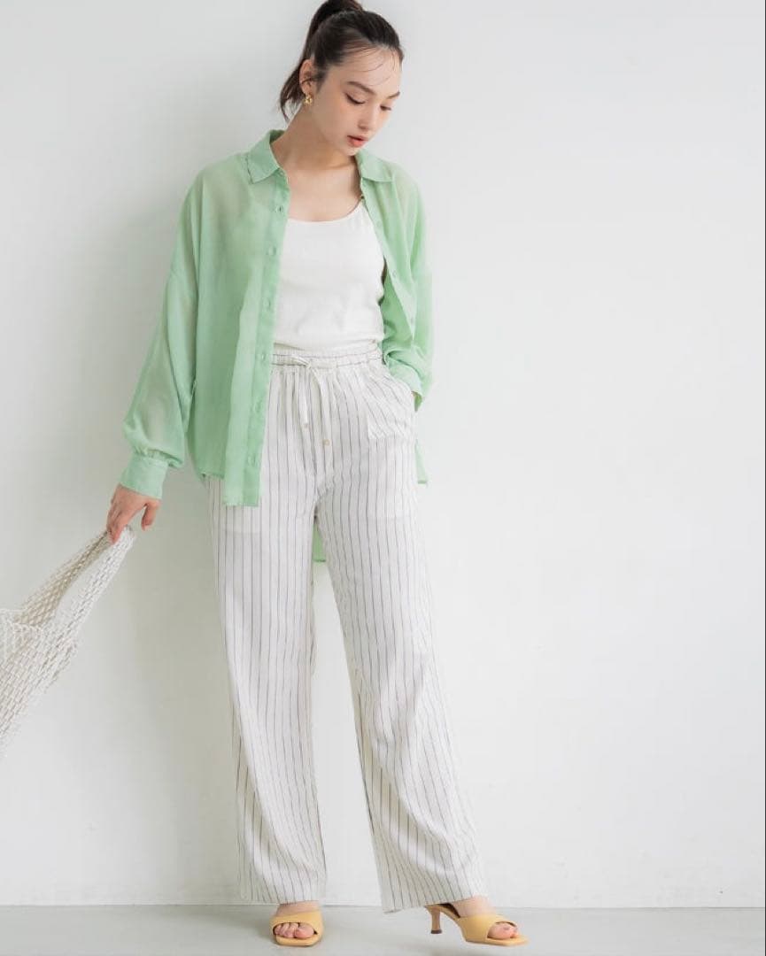 新品未開封 coca 麻ブレンド リネンストライプイージーパンツ ホワイト L — image 4