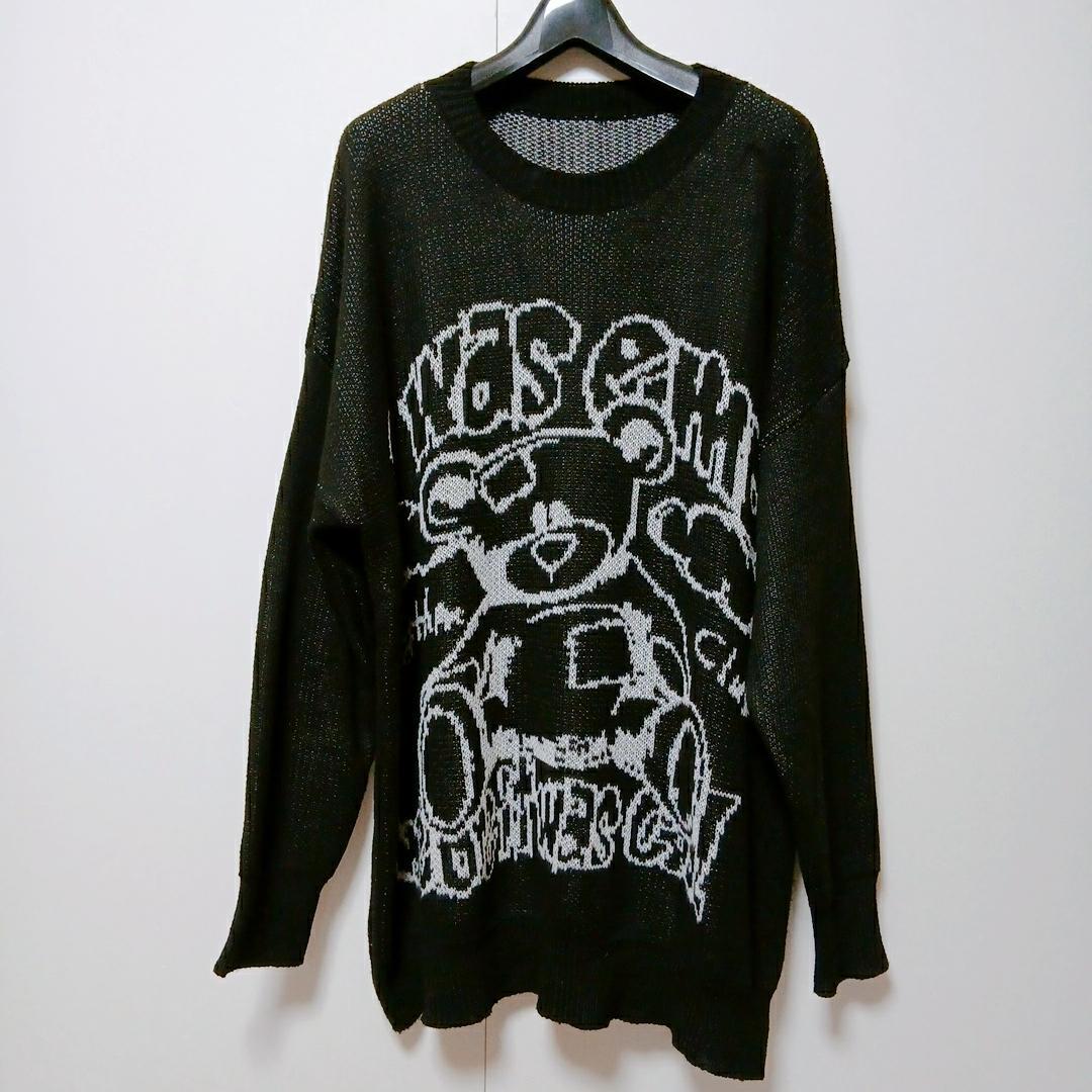 SHEIN シーイン 病みカワ くま柄 ニット セーター ブラック M ゆったり — image 2