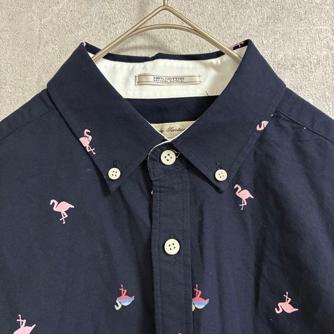 美品　キャンディーファンタジー　七分袖シャツ　総柄　フラミンゴ　ボタンダウン　L — image 3