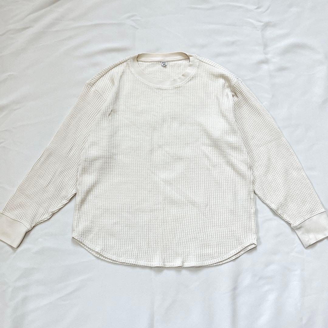 極美品✨️ユニクロ【M】ワッフルT クルーネック 長袖 ラウンドヘム 綿混 — image 4