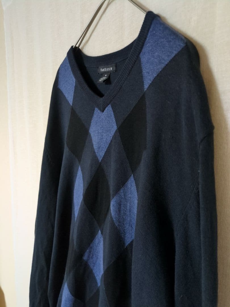 VAN HEUSENアーガイル セーター Ｖネック 長袖 リブ M紺 黒 青綿 — image 4