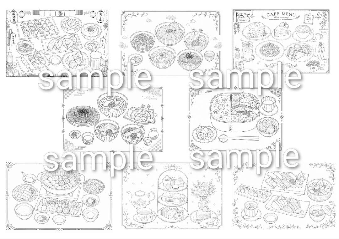 【大人の塗り絵/グルメシリーズ】A4横16枚/着色見本付き/デジタルデトックス — image 2