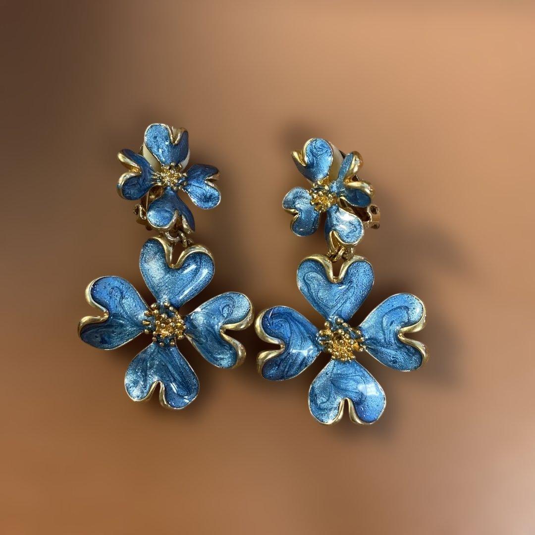 ブルー系　花　フラワー　ヴィンテージ　イヤリング — image 2